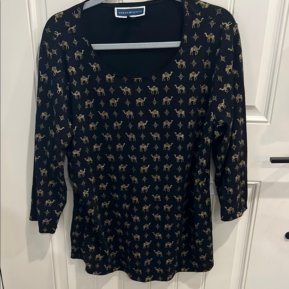 Karen Scott Fitted Blue and gold camel 3/4 Sleeve Blouse